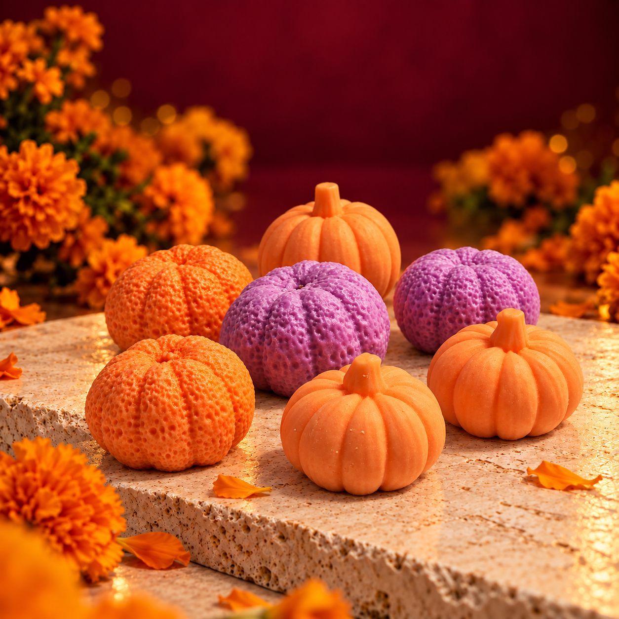 Siete velas artesanales en forma de calabaza, en tamaños mediano y grande y tonos naranja y lavanda, fotografiadas en una ambientación de Día de Muertos.