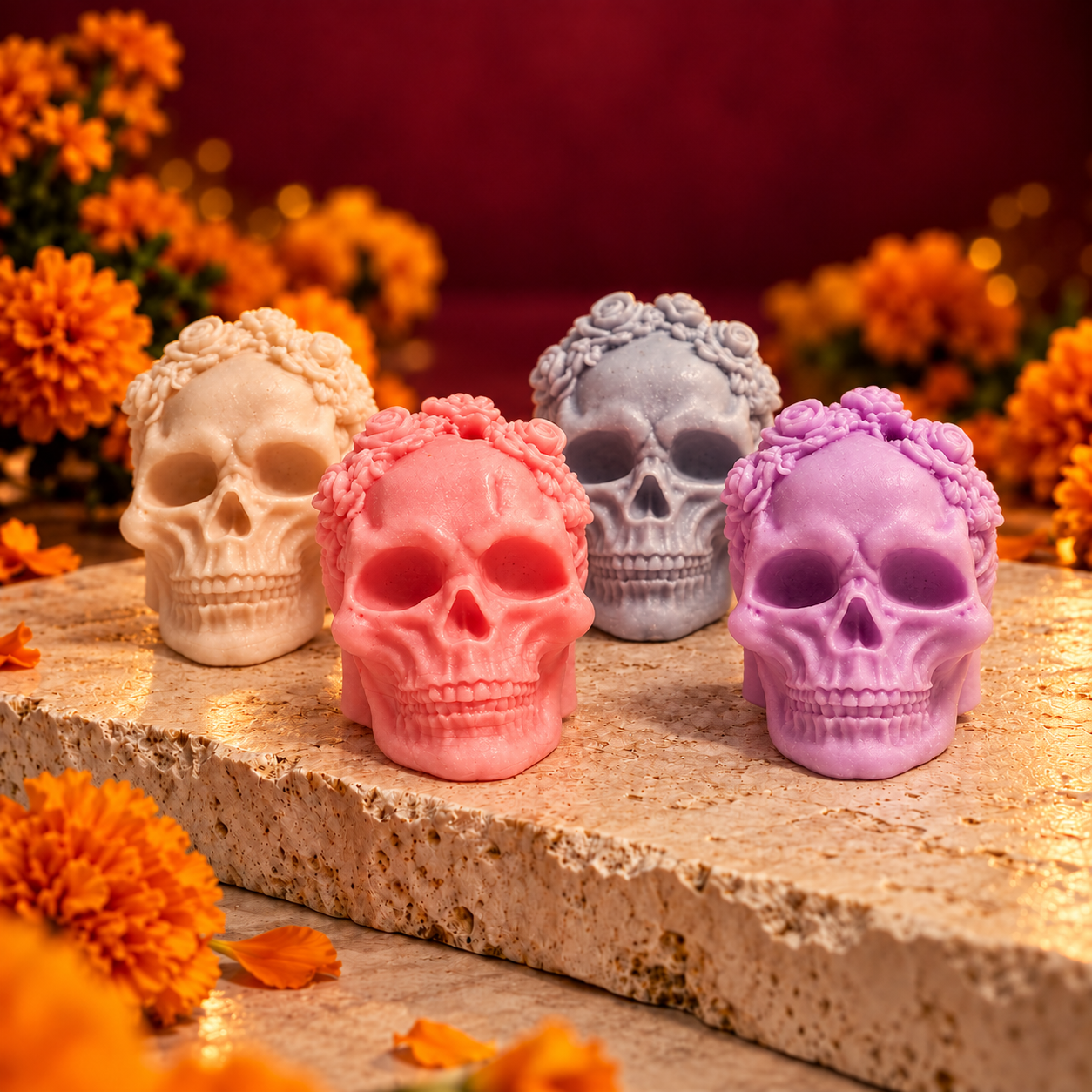 Cuatro calaveras florales artesanales de ARIA en tonos marfil, rosa, gris y lavanda, fotografiadas en una ambientación de Día de Muertos.