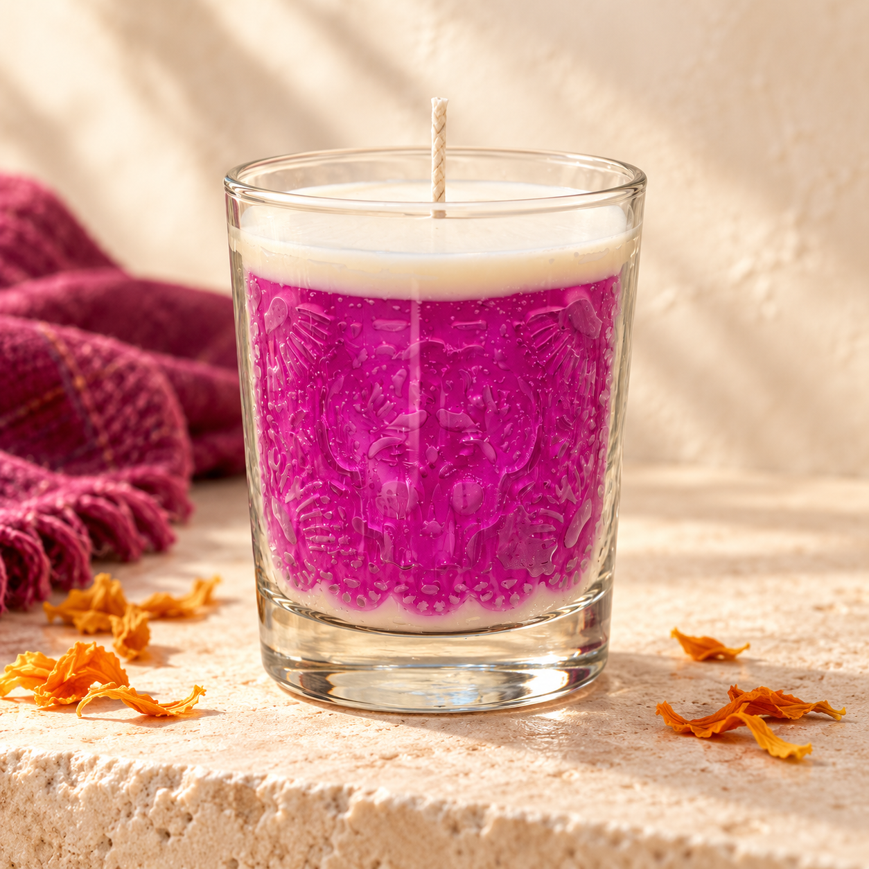 Vela artesanal Calaverita de Azúcar de ARIA en una ambientación de Día de Muertos, con relieve magenta y cera marfil.
