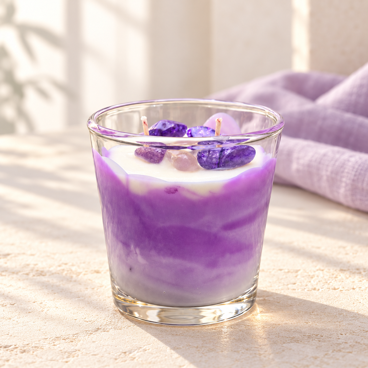 Vela intencionada Essence of Peace de ARIA, en tonos lavanda y blanco con cuarzos pulidos.