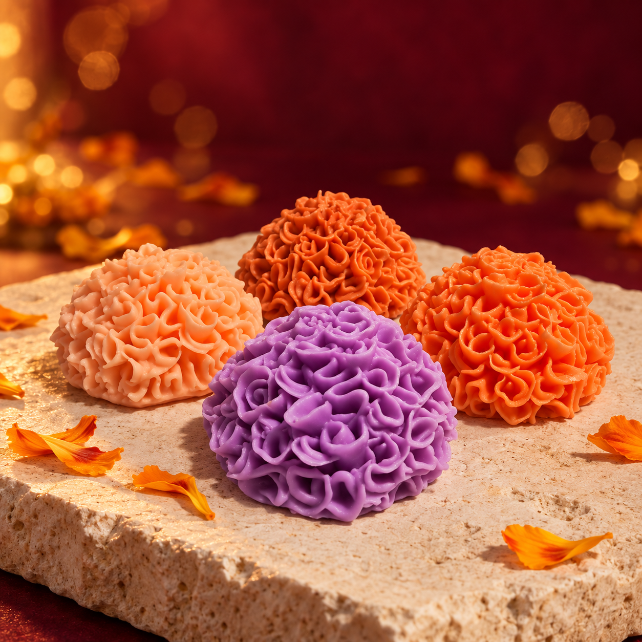 Velas artesanales en forma de flor de cempasúchil en tonos naranja y lavanda.