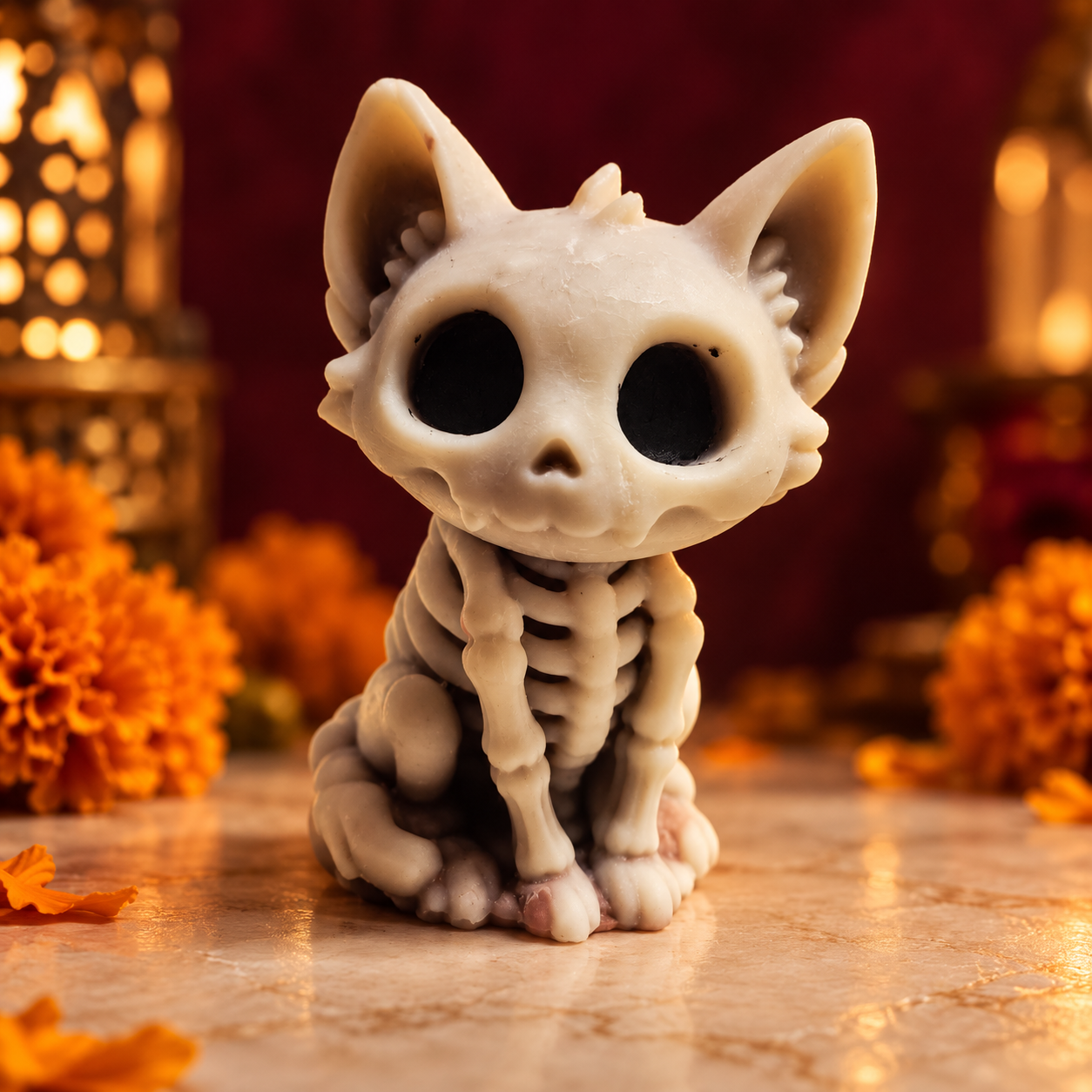 Vela artesanal en forma de gato calavera Huellitas del Más Allá, sobre piedra marfil y fondo vino.