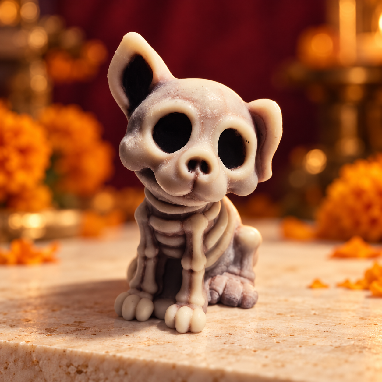 Vela artesanal en forma de perrito calavera Huellitas del Más Allá, sobre piedra marfil y fondo vino.