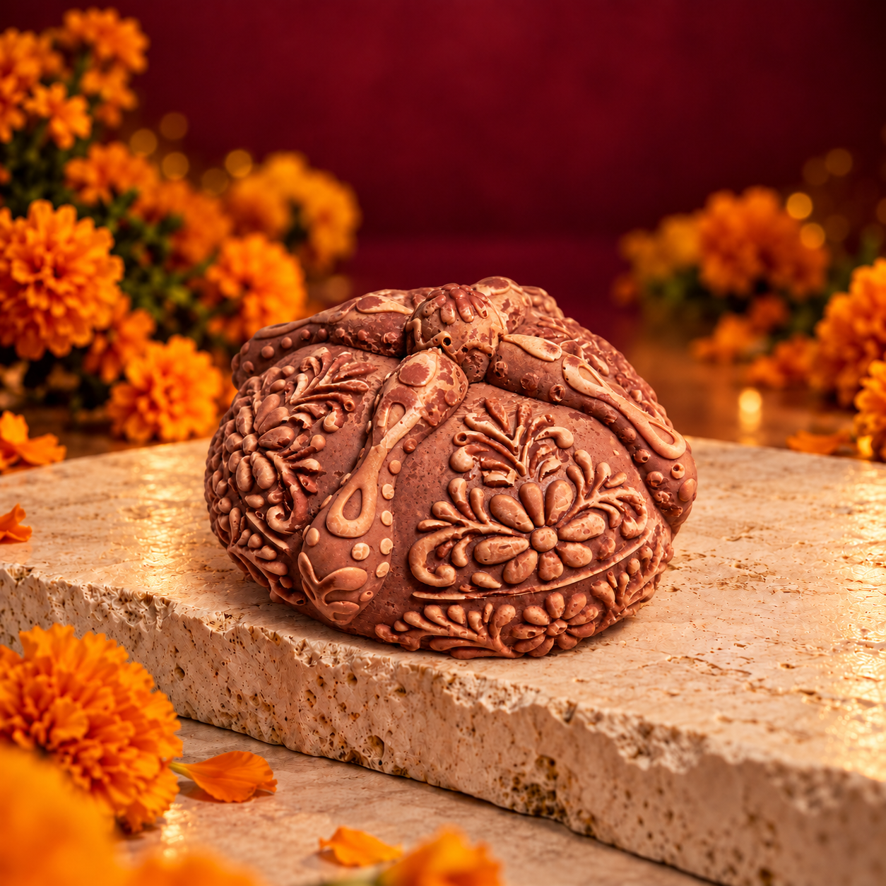 Vela artesanal Pan de Muerto ornamental de ARIA con relieves florales, fotografiada sobre piedra marfil.