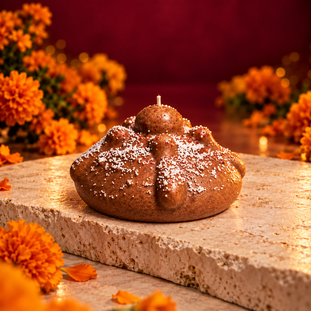 Vela artesanal Pan de Muerto tradicional de ARIA fotografiada sobre piedra marfil.