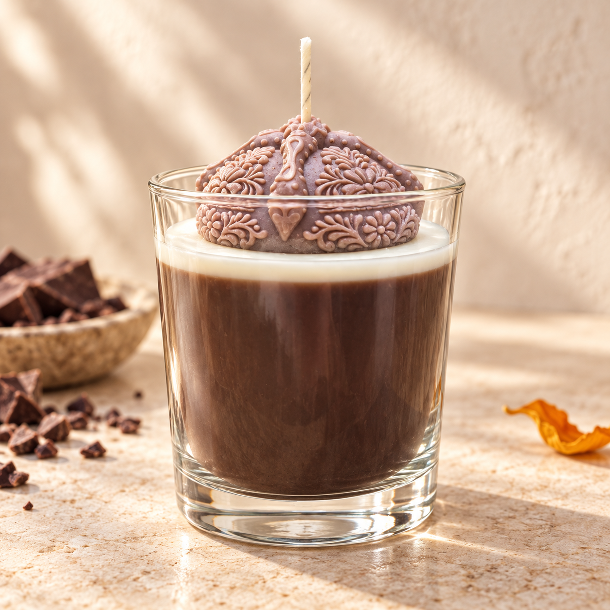 Vela artesanal Pan de Muerto de ARIA en una ambientación cálida, con base cacao y pieza escultórica floral.